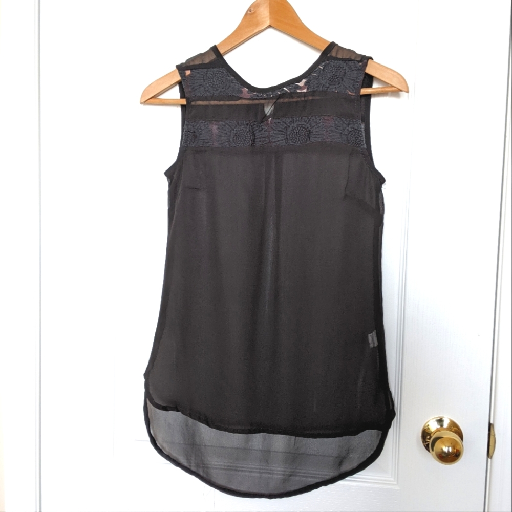 2/$45 Black Sheer Hi-Lo Blouse with Embroidered neckline